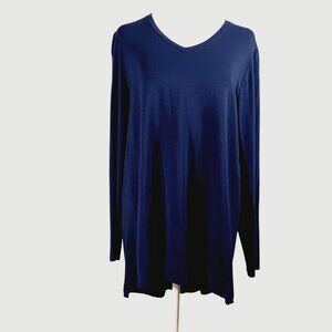 Chico's Navy Top Small, Mixed Media, Gorgeous Draped Back, High Low, Long Sleeve